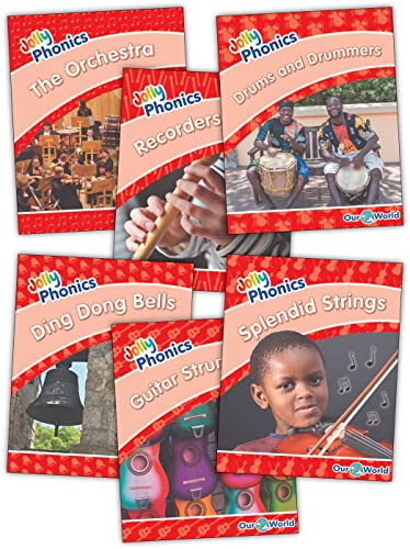 Five Jolly Phonics Level 1 readers featuring musical instruments and musicians on the covers.