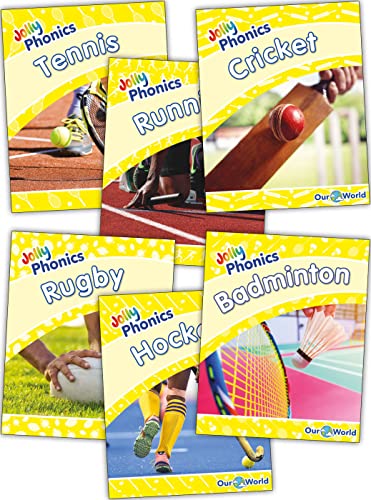 Six Jolly Phonics readers featuring children playing various sports.