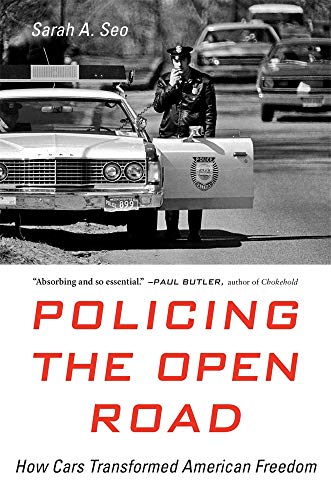 Book cover: 1970s police officer with car, titled "Policing the Open Road.