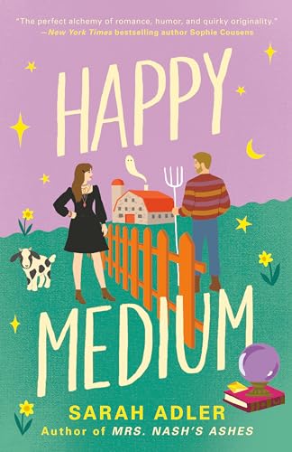 Book cover: "Happy Medium" with illustrated couple, barn, and mystical elements.