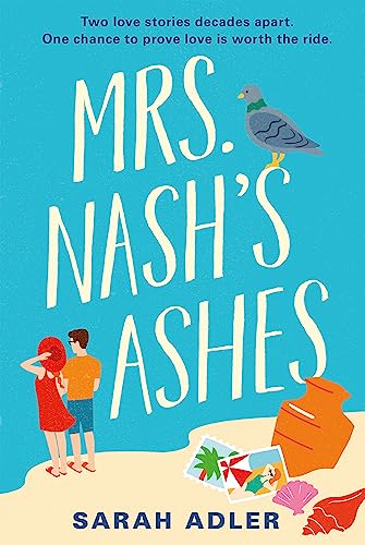 Book cover with a pigeon, a couple on a beach, and an orange urn.