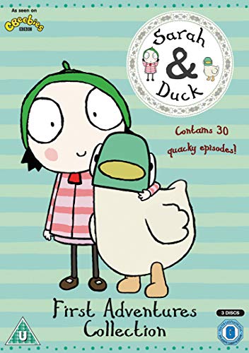 DVD cover featuring cartoon girl and duck on light blue striped background.