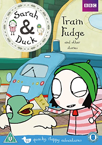"Sarah & Duck - Train Fudge DVD cover featuring cartoon girl, duck, and blue train."