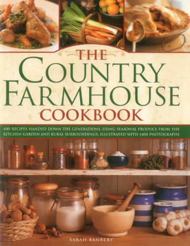 Cookbook cover with food photos, jars of preserves, and title “The Country Farmhouse Cookbook.”