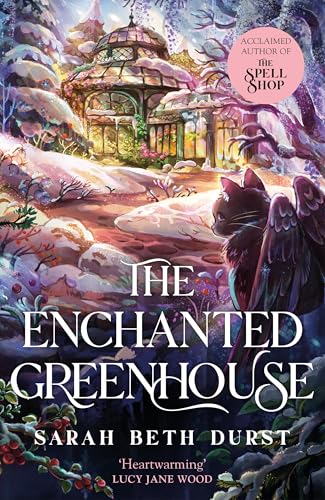 Book cover featuring a winged black cat before a snowy, glowing glass greenhouse.