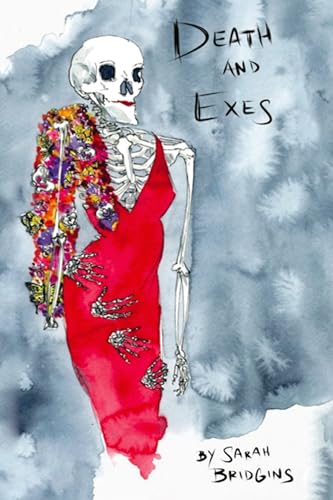 Skeleton in red dress adorned with colorful flowers, book cover.