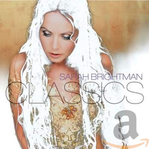 Sarah Brightman with long white hair on the Classics album cover.
