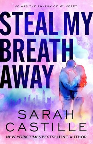Book cover: couple embracing, city skyline, purple and blue watercolor background.