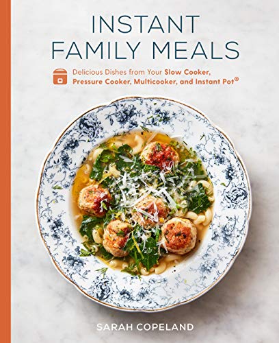 Cookbook cover with a bowl of meatballs and pasta, titled "Instant Family Meals".