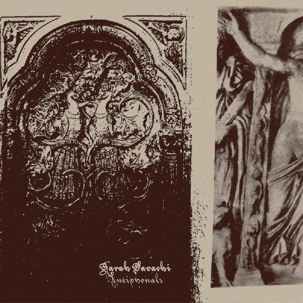 Sepia-toned vinyl record cover with ornate, carved stone imagery and text.