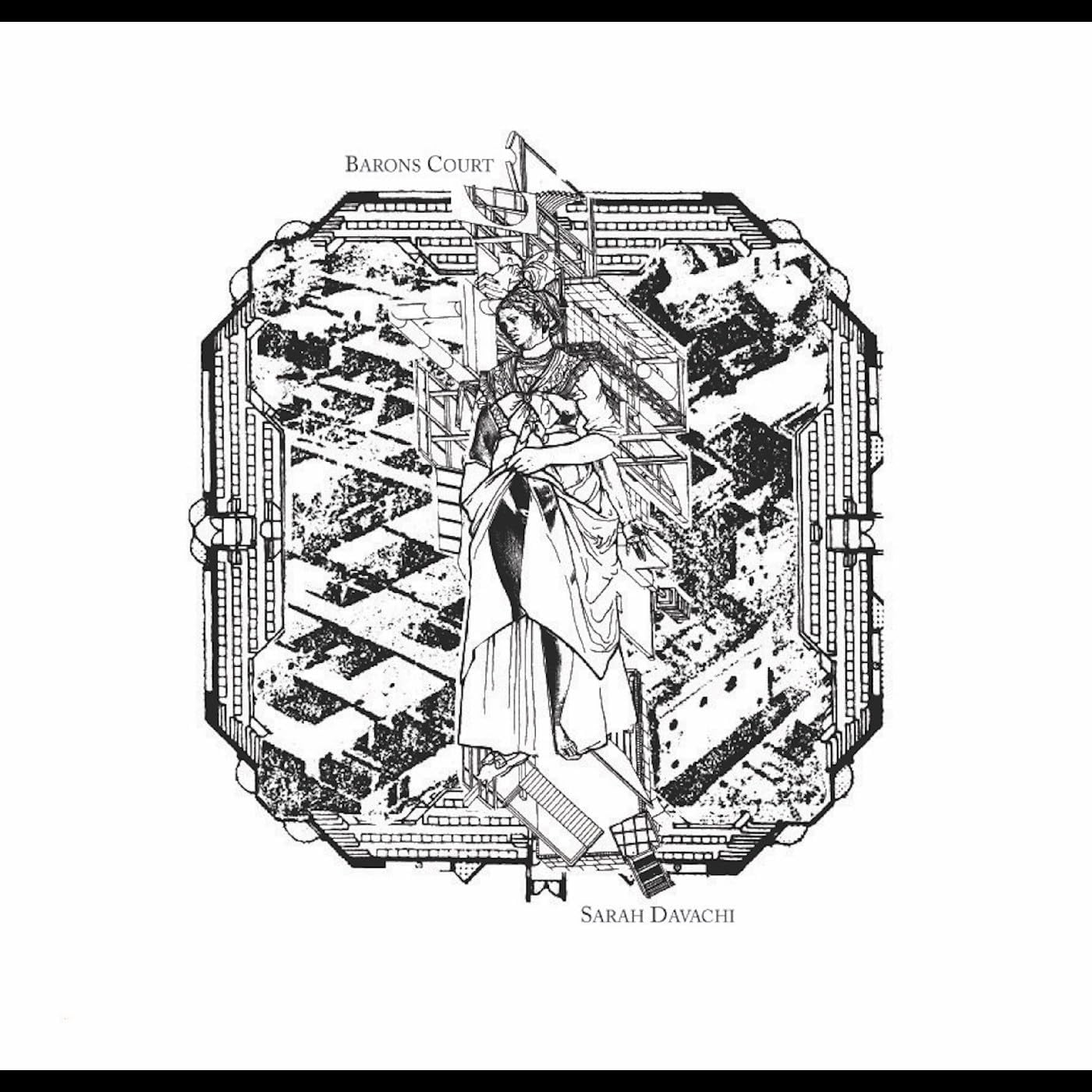 Black and white line drawing of a classical figure standing amidst architectural structures.