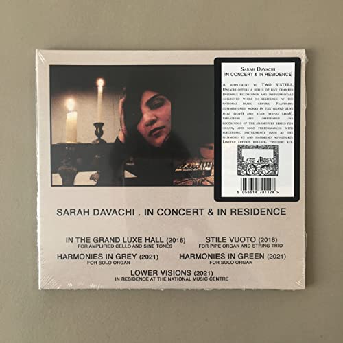 CD packaging for Sarah Davachi’s “In Concert & In Residence” with portrait.