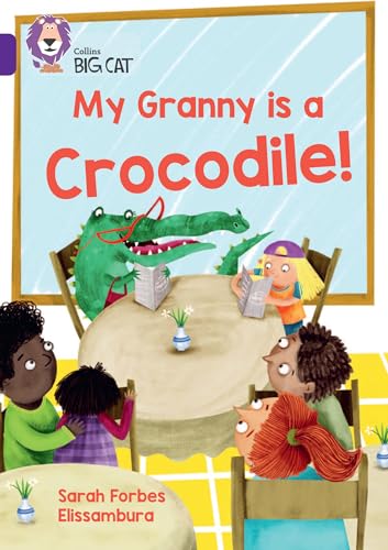 Book cover: children dining with a green crocodile grandmother.