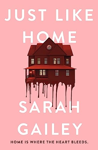 Book cover with pink background, white text, and a dark house dripping like liquid.