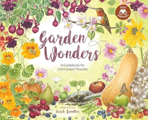 Book cover with colorful flowers, vegetables, a hummingbird, and gardening tools.