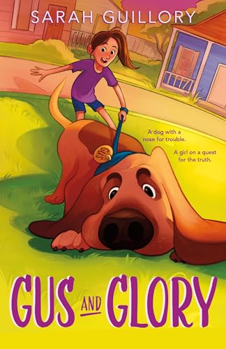 Girl and large brown dog on green grass, book cover illustration.