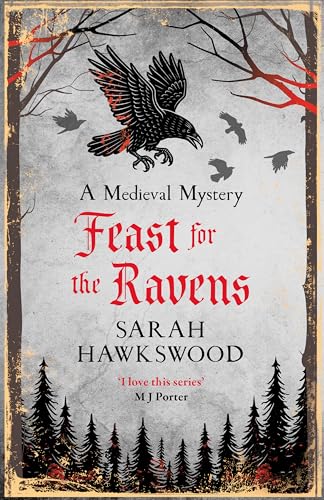 Book cover featuring a large raven, silhouetted trees, and red accents on grey background.