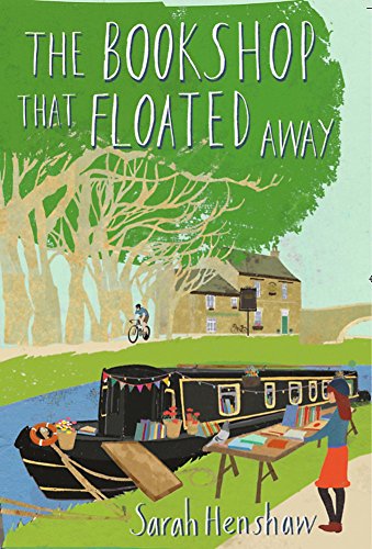 Book cover showing a woman standing by a canal boat filled with books.