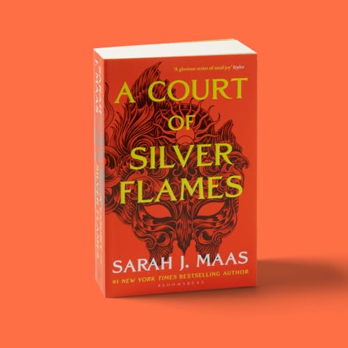 Book cover: "A Court of Silver Flames" by Sarah J. Maas, with a mask.