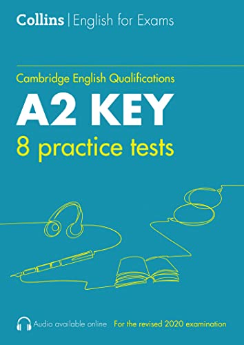 Blue book cover with "A2 KEY" text and line-drawn exam materials.