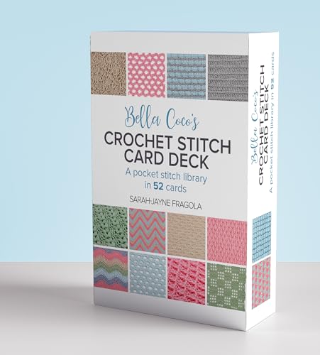 A white box containing a deck of 52 crochet stitch cards with patterned samples.