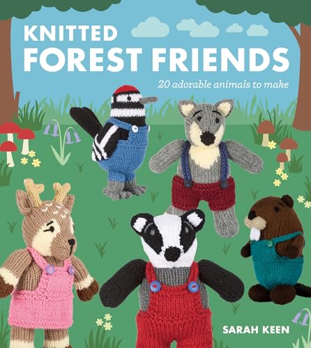 Book cover featuring five knitted forest animal toys against a green background.