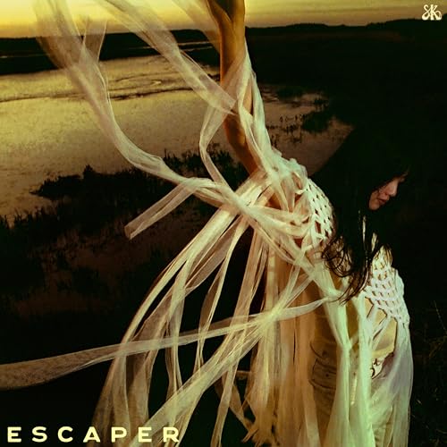A woman in flowing white fabric stands against a dark, sunset-lit landscape.