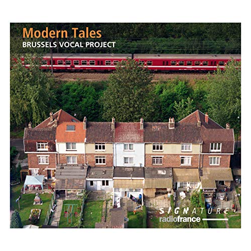 "Album cover with aerial view of houses, trees, and a red train."