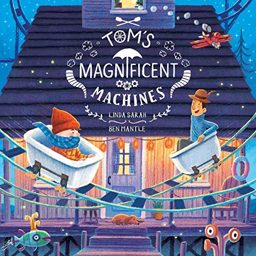 Book cover: children with homemade machines in front of a blue house.