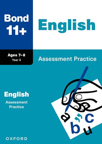 Blue and white cover of "Bond 11+ English Assessment Practice" book.