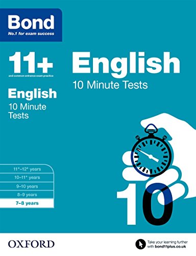 Blue book cover with white text "11+ English 10 Minute Tests" and a stopwatch.