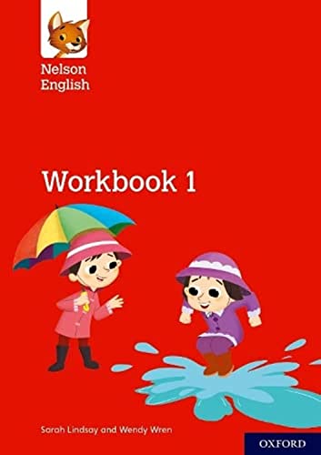 Red workbook cover with children, an umbrella, and "Workbook 1" text.