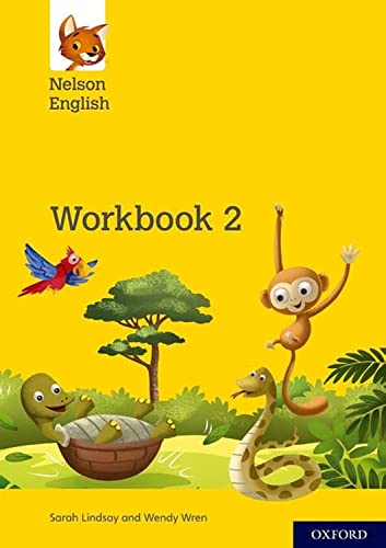 Yellow workbook cover with cartoon animals and "Workbook 2" text.