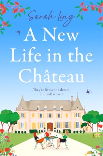 Book cover: pink chateau illustration with people relaxing in a garden.