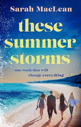 Book cover: beach scene with figures walking, stormy sky, title “These Summer Storms.”