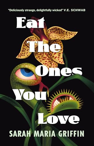 Book cover featuring a spotted orchid, a snake with a human eye, and Venus flytrap.