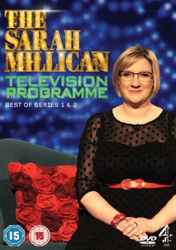 Sarah Millican DVD cover featuring comedian in black dress, red accents.