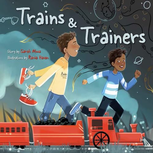 BookSleeve of a children's book showing two boys riding a red toy train.