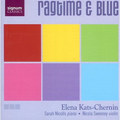 "Album cover with six colored squares and 'Ragtime & Blue' title on grey background."