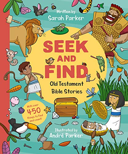 Colorful illustrated children’s “Seek and Find” book with Old Testament scenes.