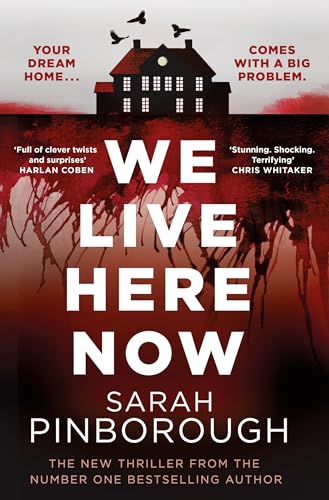 Book cover: dark house with shadowy figures, bold white title "We Live Here Now".