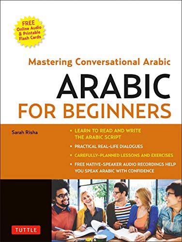 Book cover for “Arabic for Beginners” with diverse people studying.