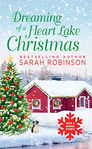 Book cover: snowy lakeside cabin, Christmas tree, and dog in winter.