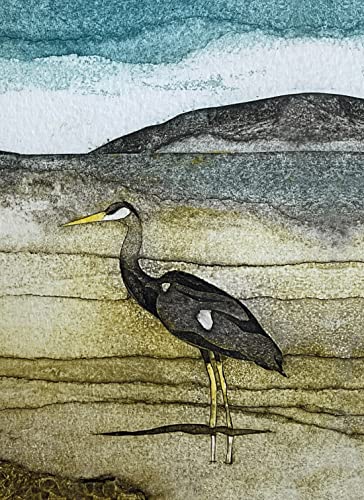 Watercolor painting of a grey heron standing in shallow water.