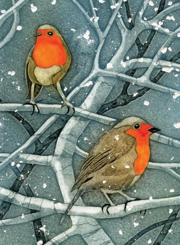 Watercolor painting of two robins perched on snowy branches.