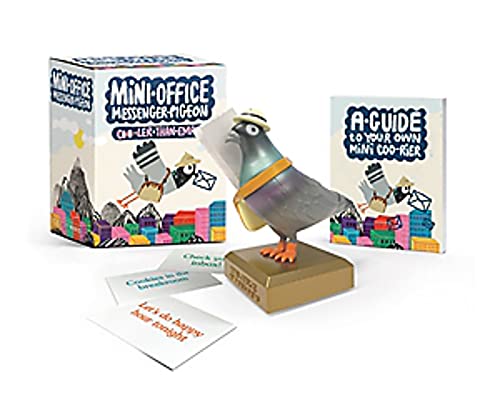 Pigeon figurine with tiny hat and scarf, beside a box and guide.