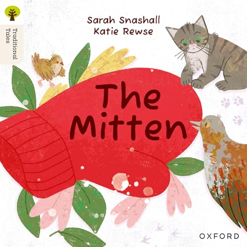 Book cover: red mitten with animals – a cat, birds, and paw prints.