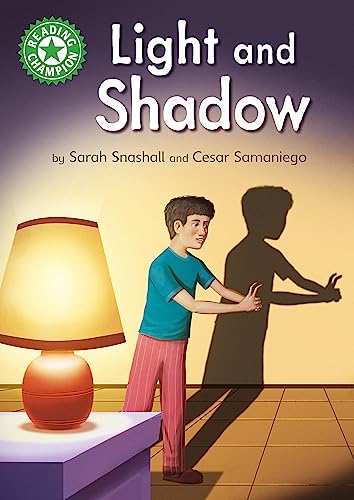 Book cover: boy making shadows with a lamp, titled “Light and Shadow”.