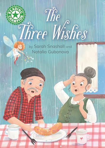 Book cover: elderly couple and a fairy with a sausage on a plate.