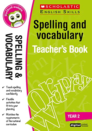 Green cover of "Spelling and Vocabulary Teacher's Book (Year 2)" by Scholastic.